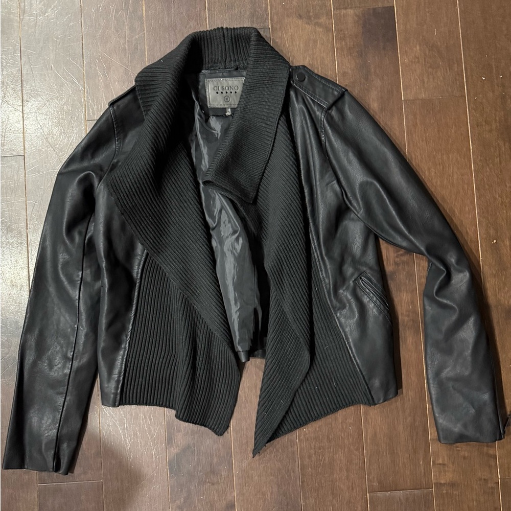 Ci Sono Black Leather Jacket with Ribbed Collar